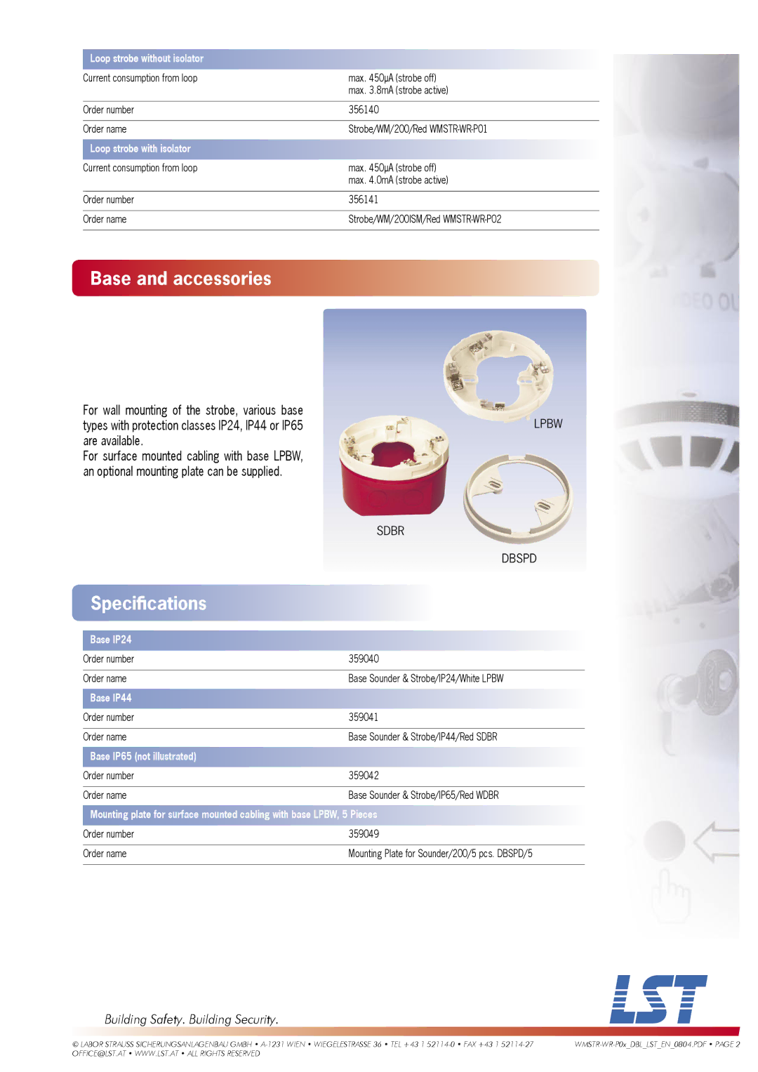 LST WMSTR-WR-P02, WMSTR-WR-P01 specifications Base and accessories 