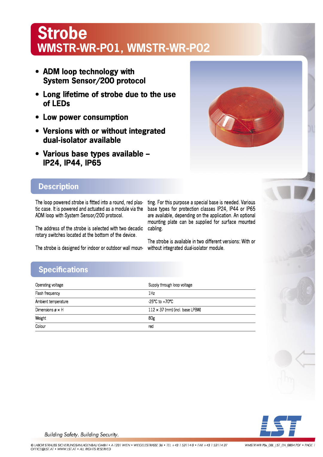 LST WMSTR-WR-P01, WMSTR-WR-P02 specifications Description, Speciﬁcations, Building Safety. Building Security, Strobe 