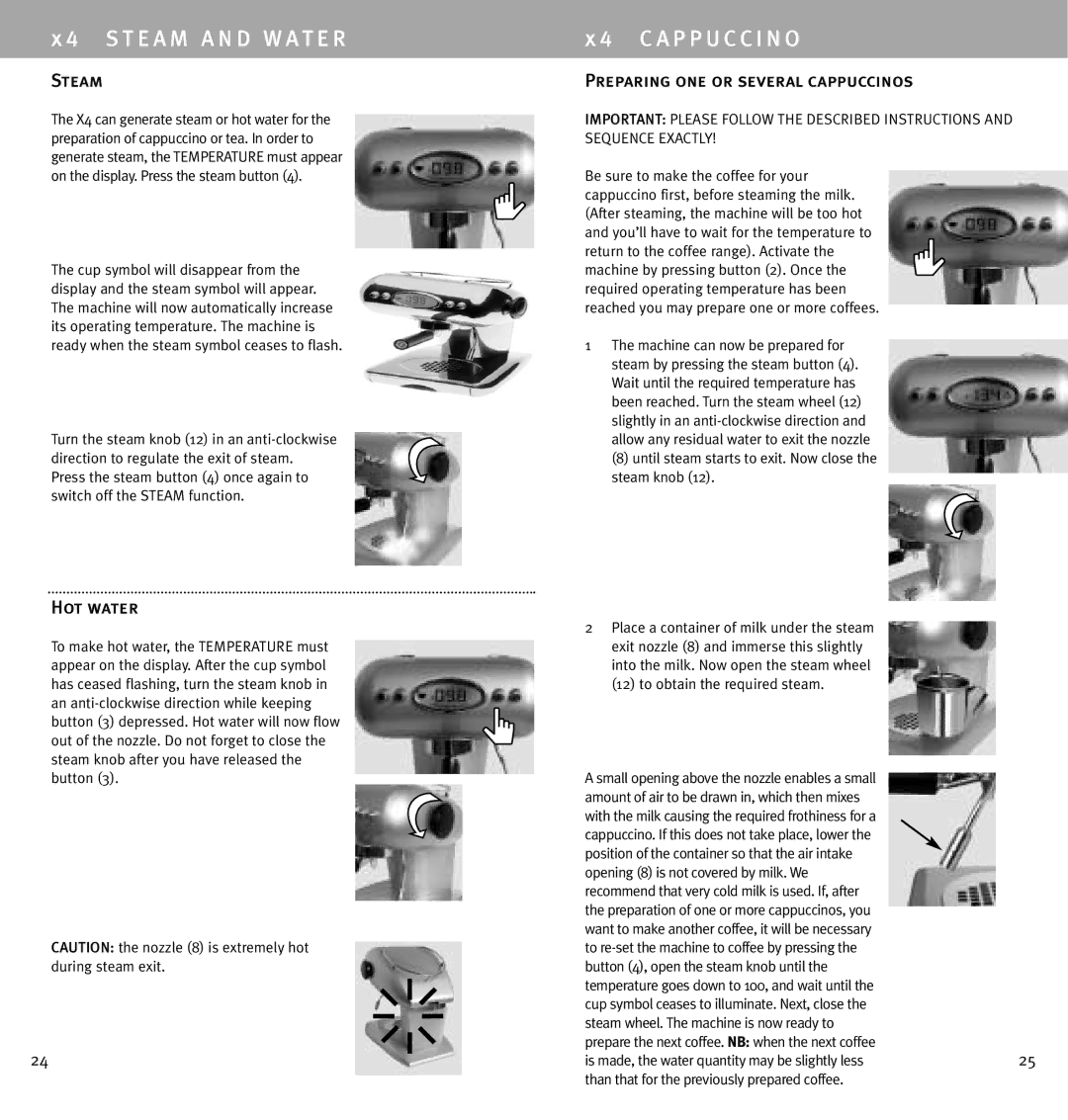 Luca Trazzi X4 manual T E a M a N D W AT E R, A P P U C C I N O, Steam, Hot water, Preparing one or several cappuccinos 
