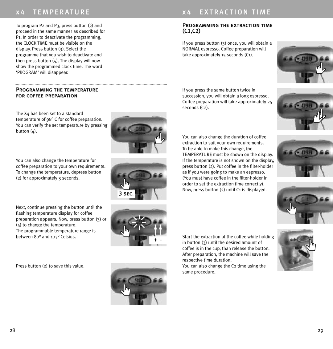 Luca Trazzi X4 manual E M P E R a T U R E, X T R a C T I O N T I M E, Programming the extraction time C1,C2, Sec 