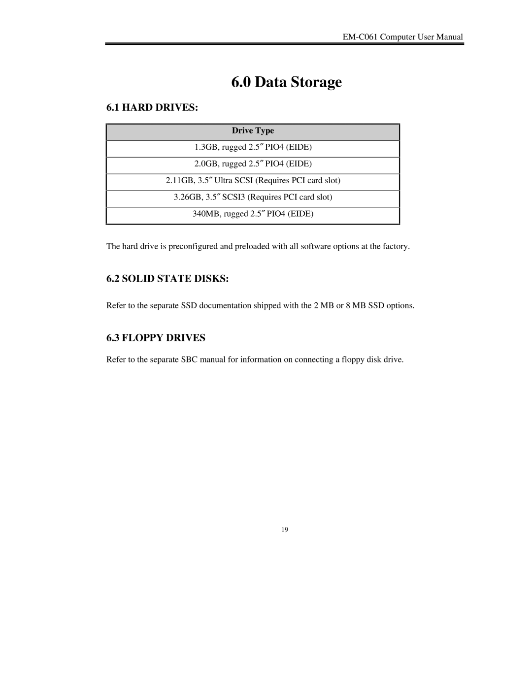 Lucas Industries EM-C061 manual Data Storage, Hard Drives, Solid State Disks, Floppy Drives, Drive Type 