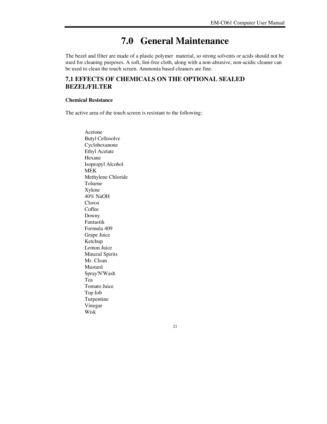 Lucas Industries EM-C061 manual General Maintenance, Effects of Chemicals on the Optional Sealed BEZEL/FILTER 