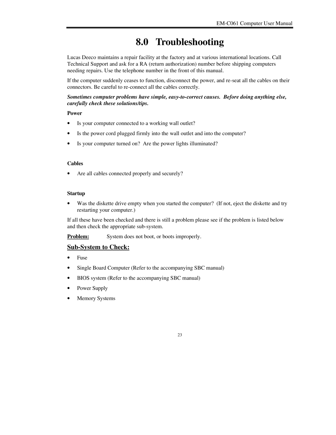 Lucas Industries EM-C061 manual Troubleshooting, Power, Cables, Startup 