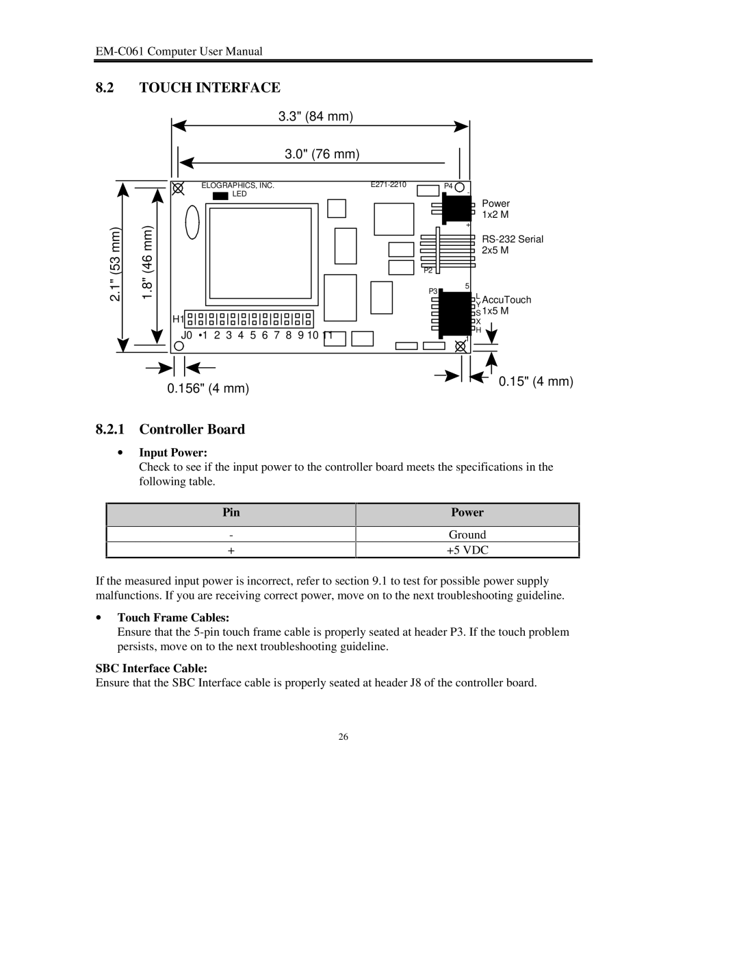 Lucas Industries EM-C061 manual Touch Interface, Pin Power, ∙ Touch Frame Cables, SBC Interface Cable 