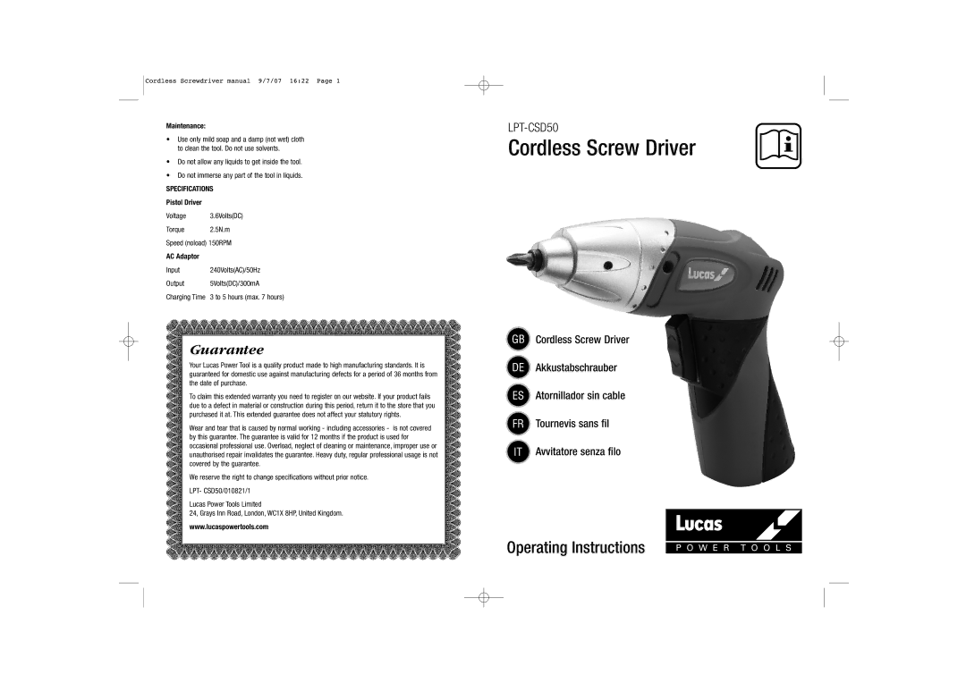 Lucas Industries LPT-CSD50 manual Maintenance, Specifications, Pistol Driver, AC Adaptor 