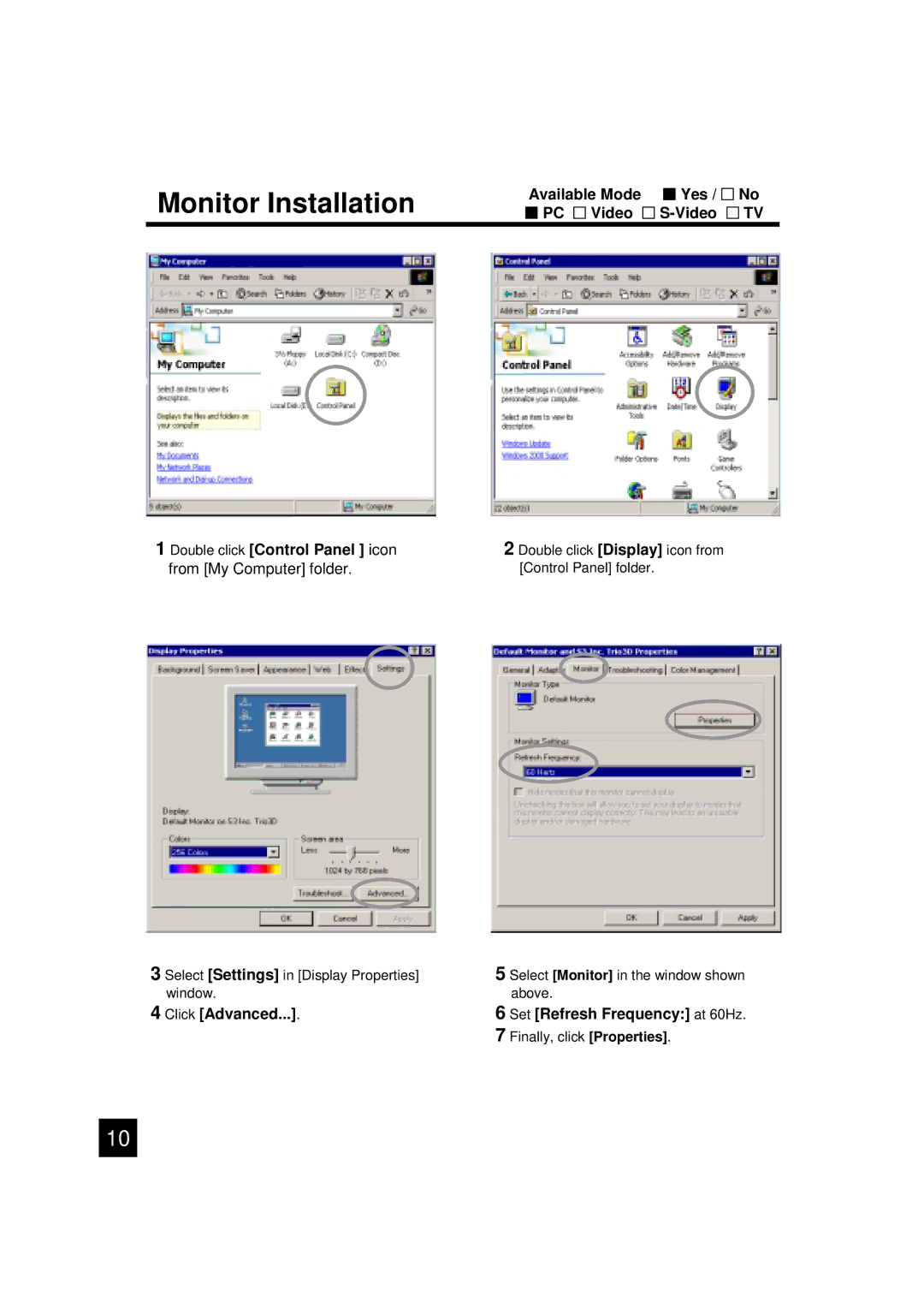 Luce LCTV-2201A manual Monitor Installation, Click Advanced Set Refresh Frequency at 60Hz 