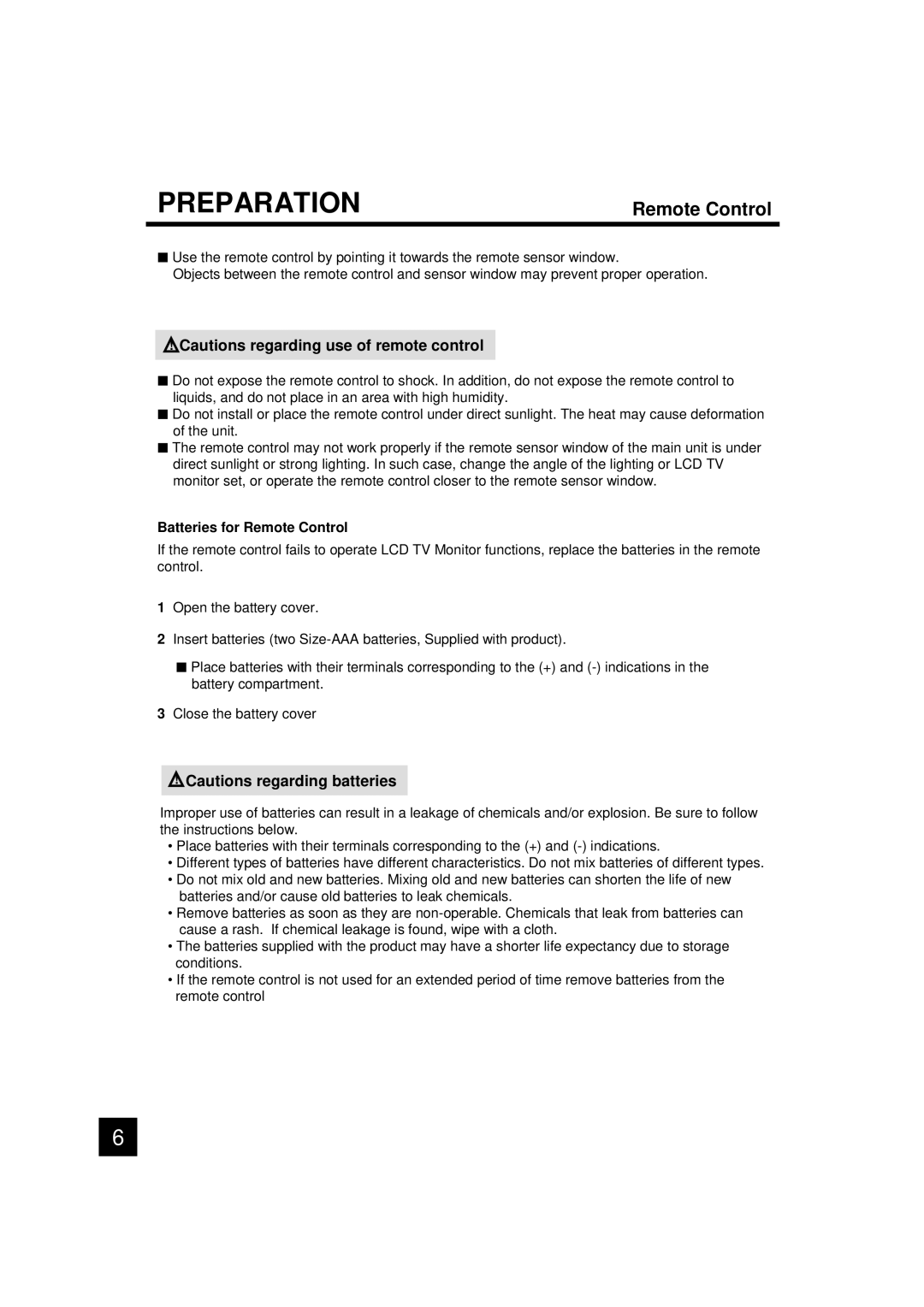 Luce LCTV-2201A manual Preparation, Batteries for Remote Control 