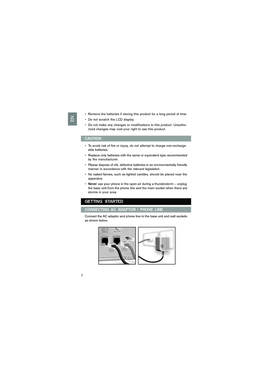 Luce LS328 user manual Getting Started, Connecting AC Adaptor / Phone Line 