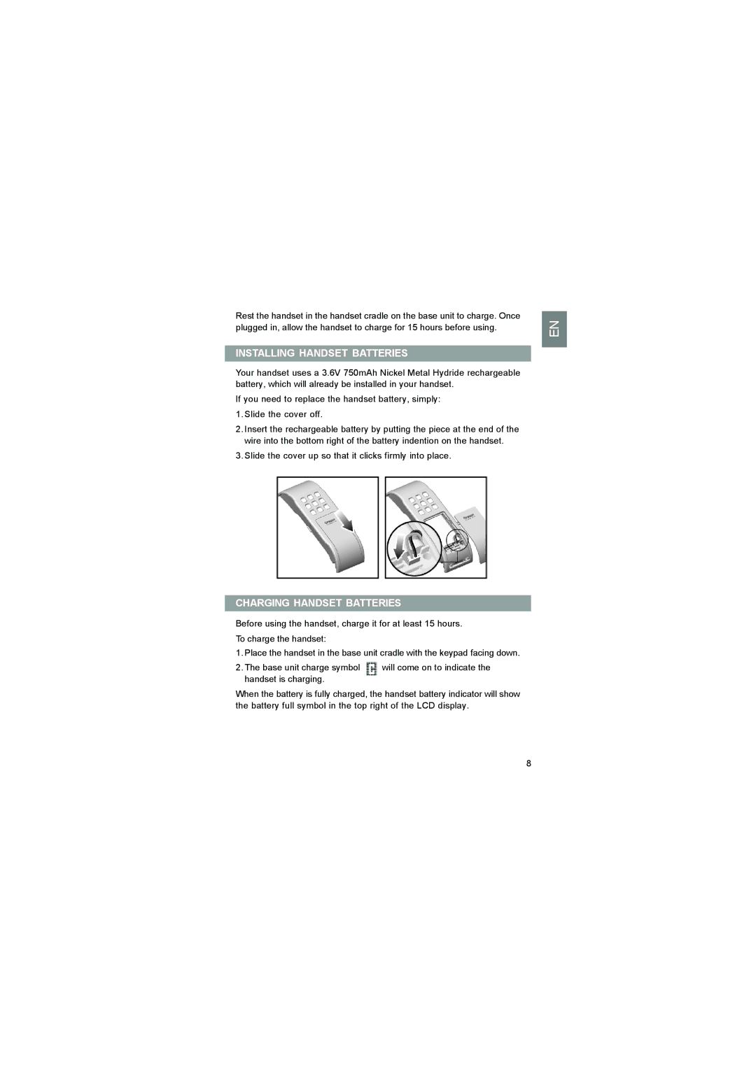 Luce LS328 user manual Installing Handset Batteries, Charging Handset Batteries 