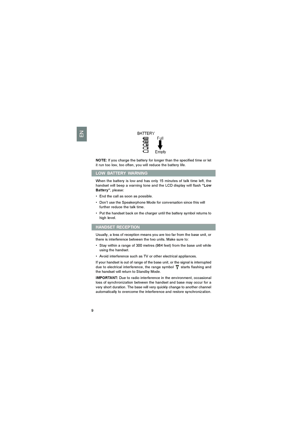 Luce LS328 user manual LOW Battery Warning, Handset Reception 