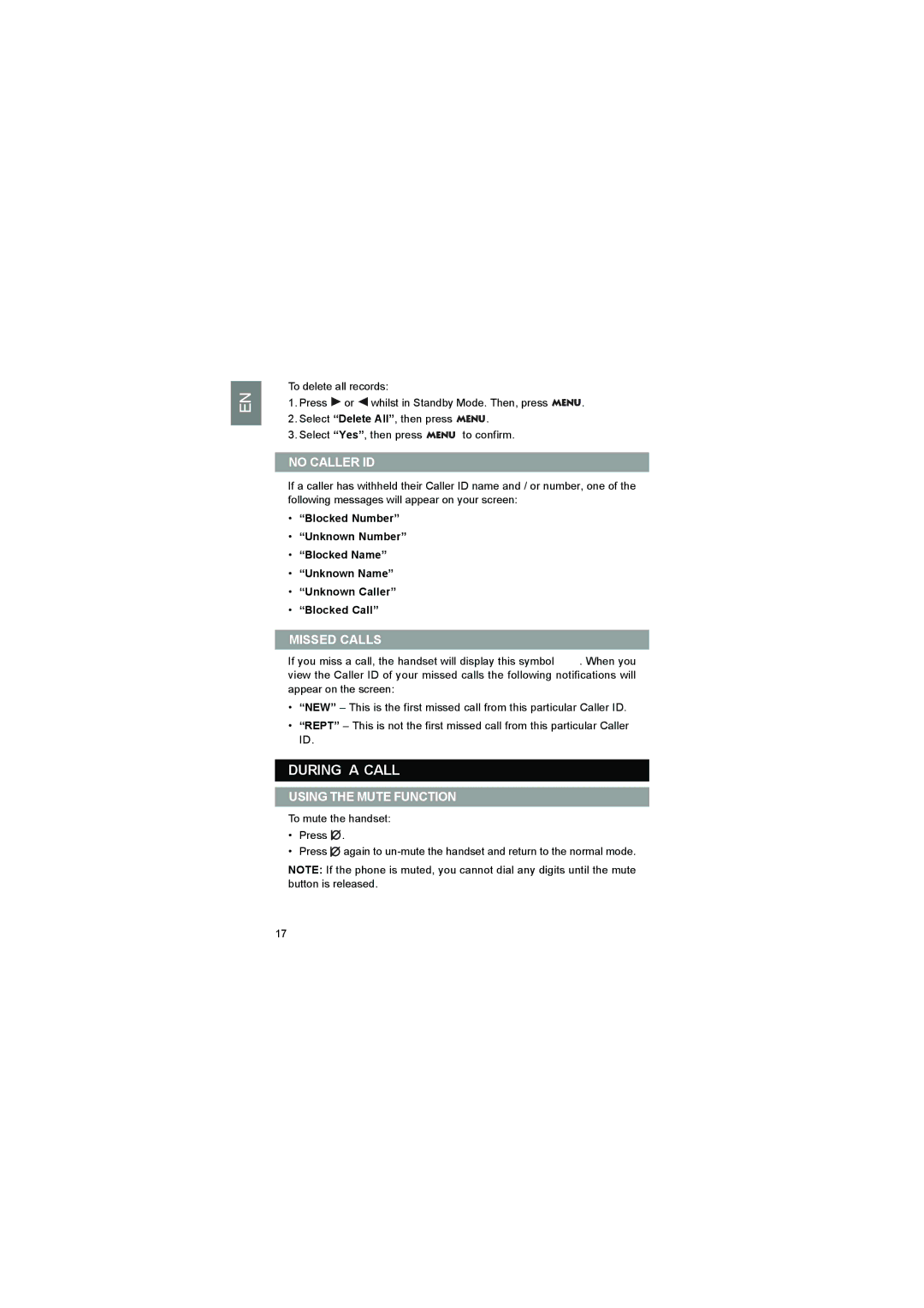 Luce LS328 user manual During a Call, No Caller ID, Missed Calls, Using the Mute Function 