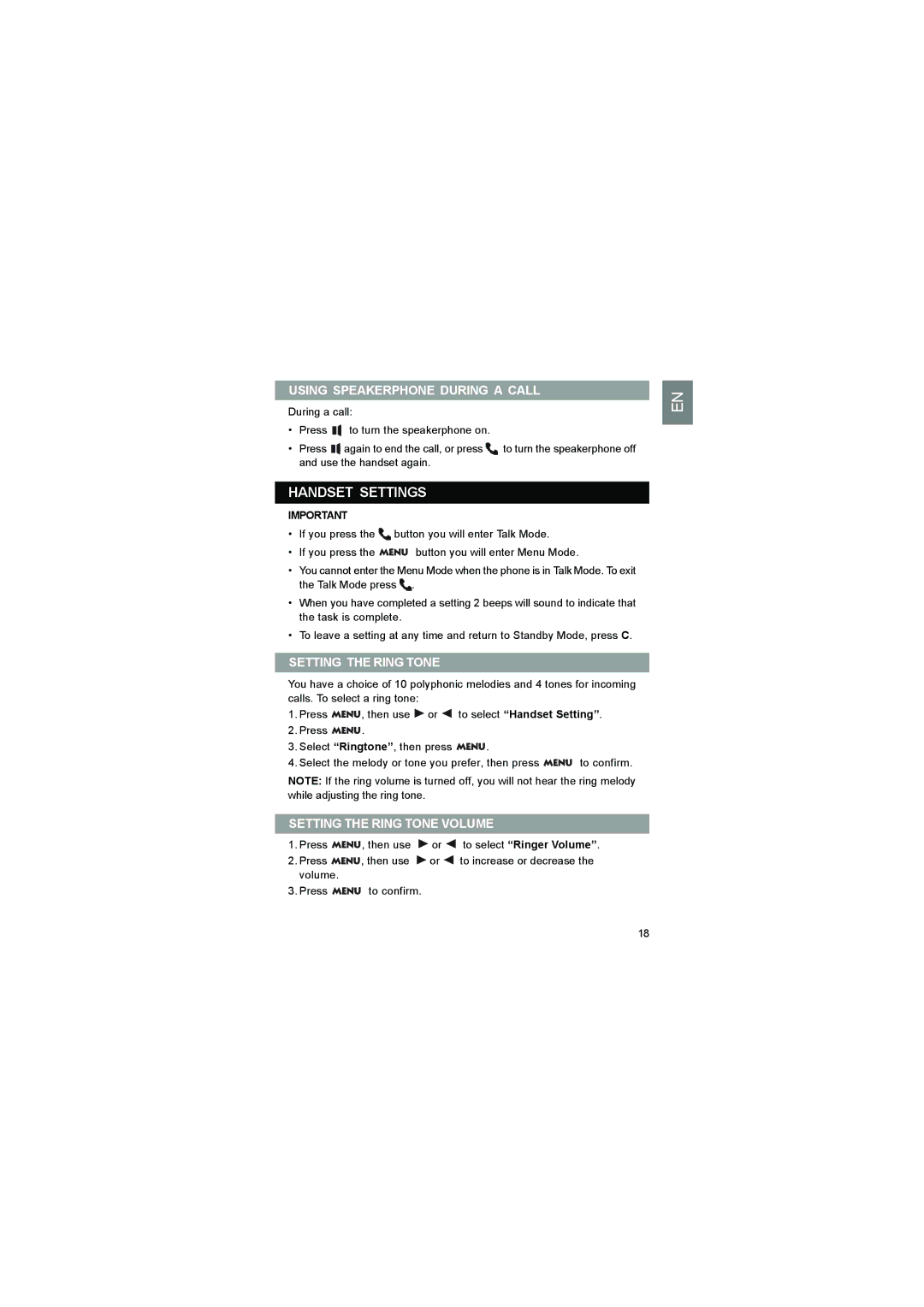 Luce LS328 user manual Handset Settings, Using Speakerphone During a Call, Setting the Ring Tone Volume 