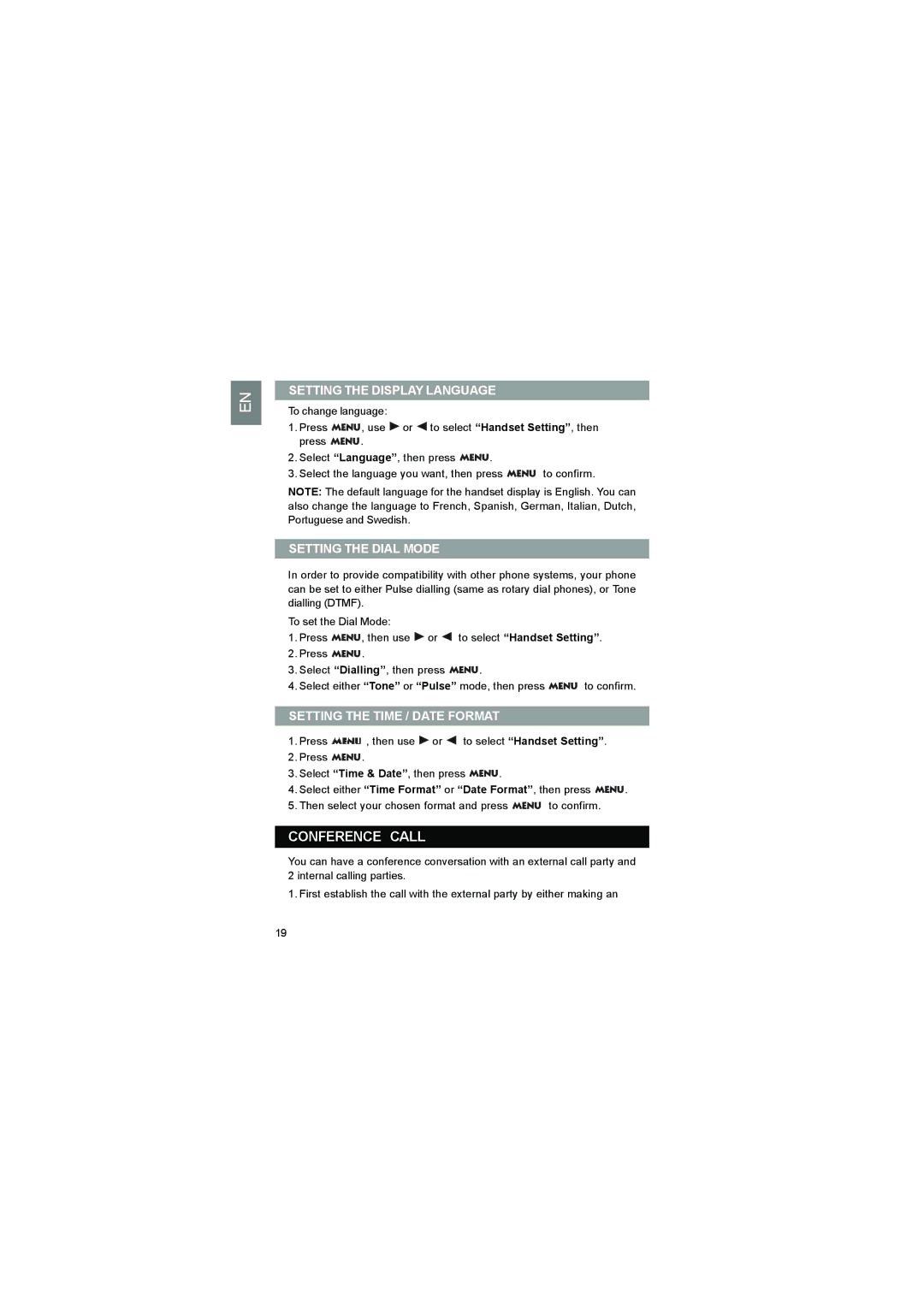 Luce LS328 user manual Conference Call, Setting the Display Language, Setting the Dial Mode, Setting the Time / Date Format 