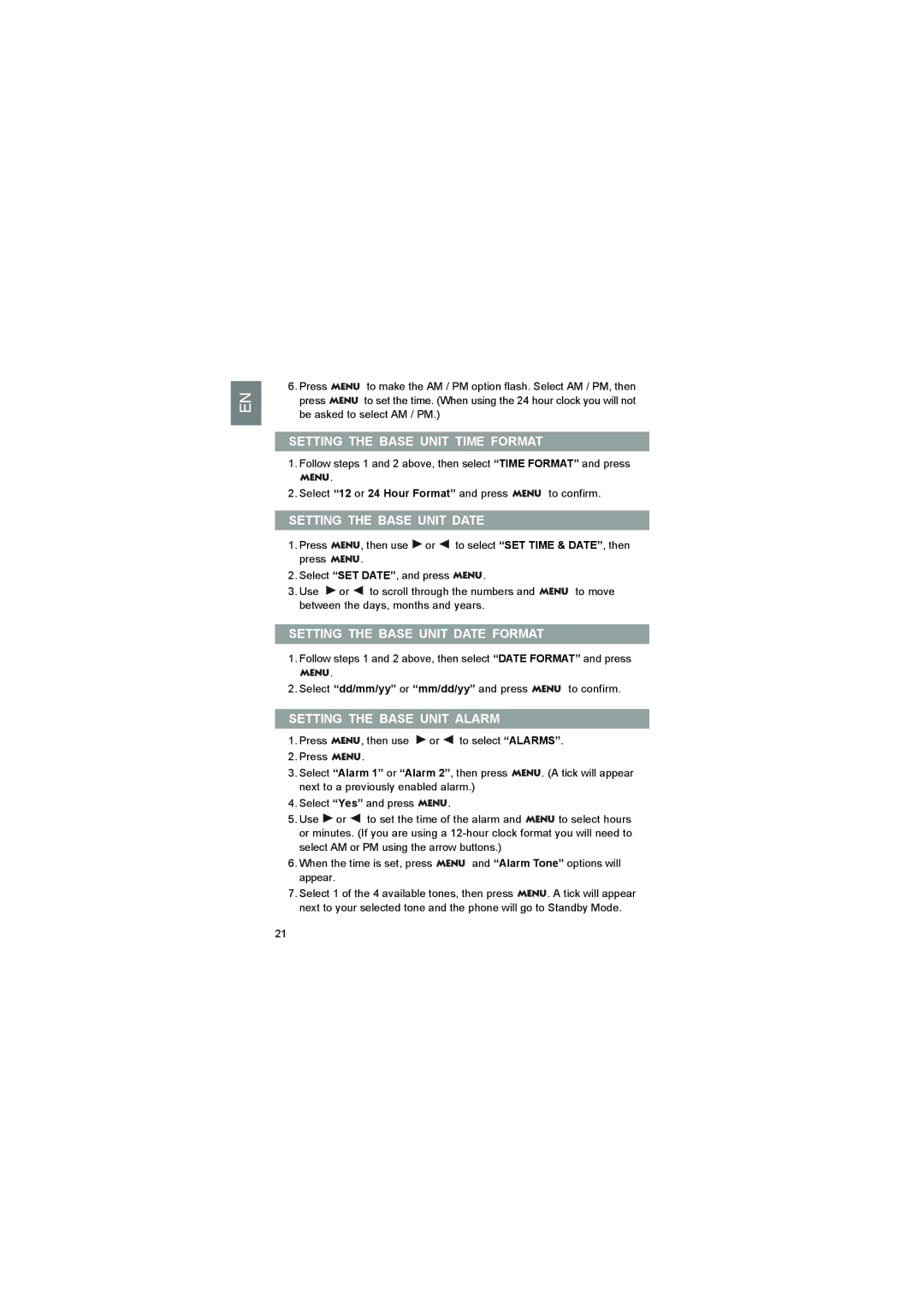 Luce LS328 Setting the Base Unit Time Format, Setting the Base Unit Date Format, Setting the Base Unit Alarm 