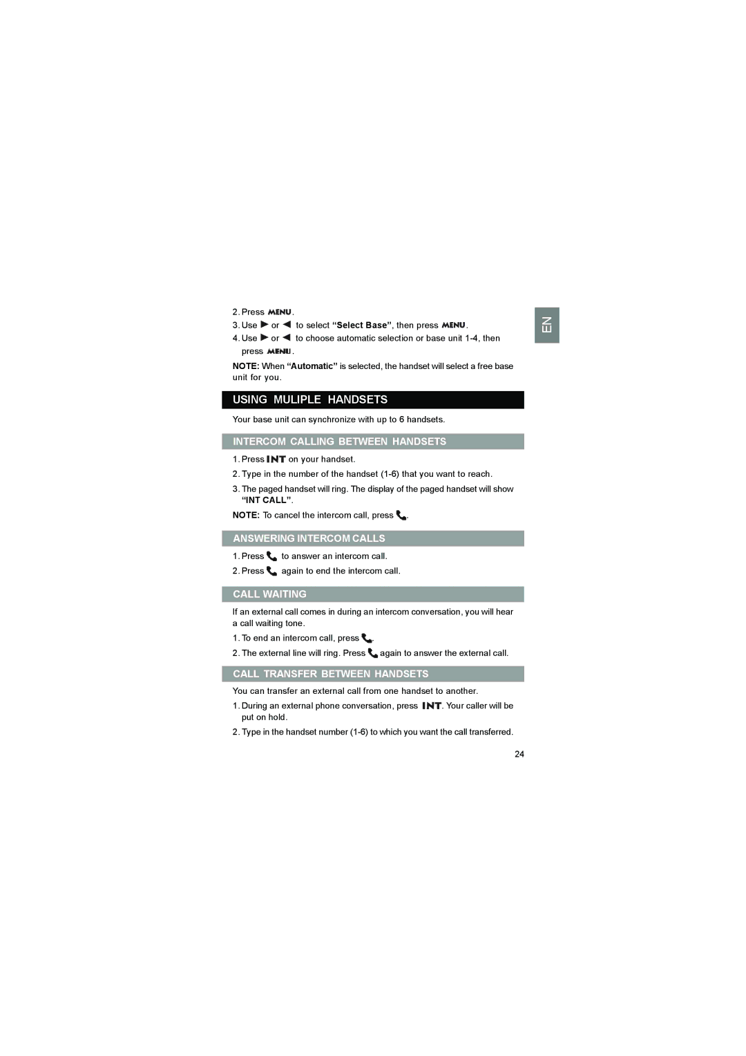 Luce LS328 user manual Using Muliple Handsets, Intercom Calling Between Handsets, Answering Intercom Calls 