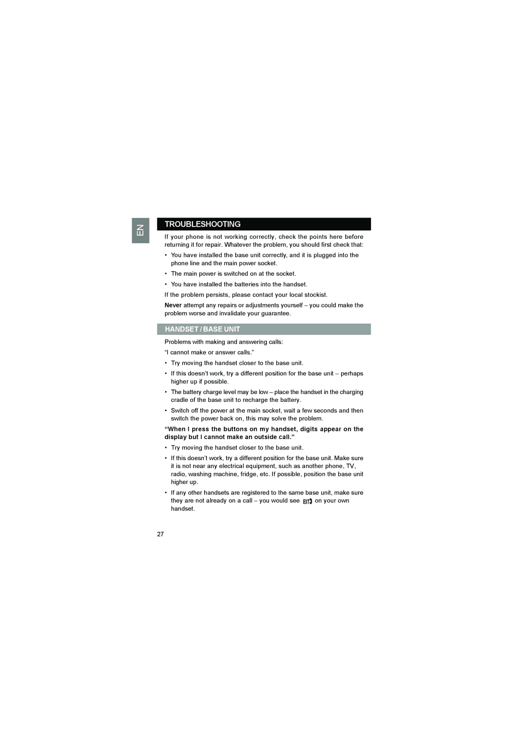 Luce LS328 user manual Troubleshooting, Handset / Base Unit 