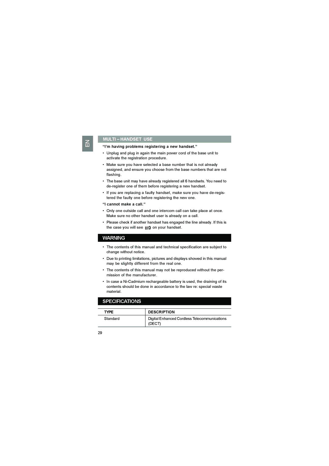 Luce LS328 user manual Specifications, Multi Handset USE, ’m having problems registering a new handset, Cannot make a call 