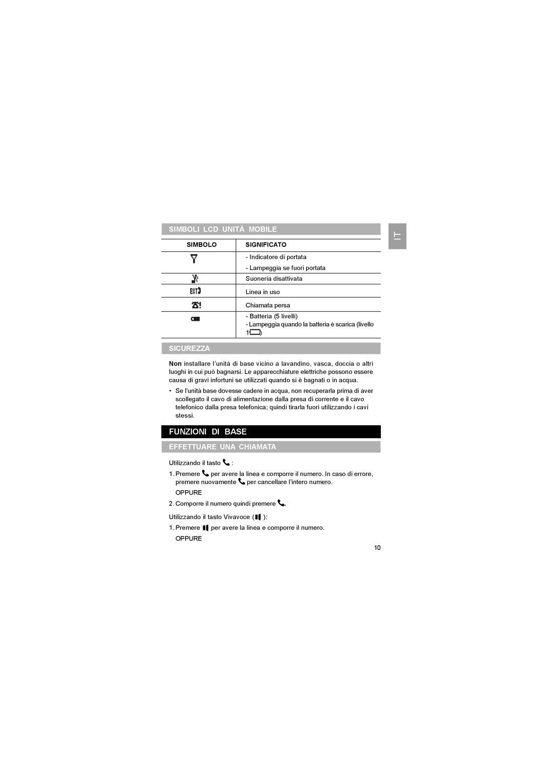 Luce LS328 user manual Funzioni DI Base, Simboli LCD Unità Mobile, Sicurezza, Effettuare UNA Chiamata 