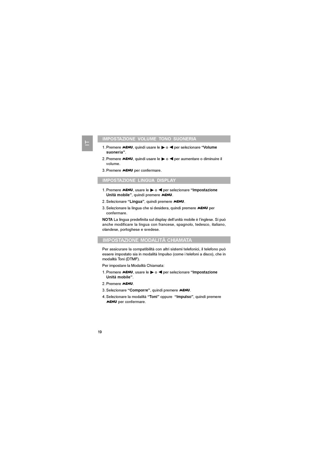 Luce LS328 user manual Impostazione Modalità Chiamata, Impostazione Volume Tono Suoneria, Impostazione Lingua Display 