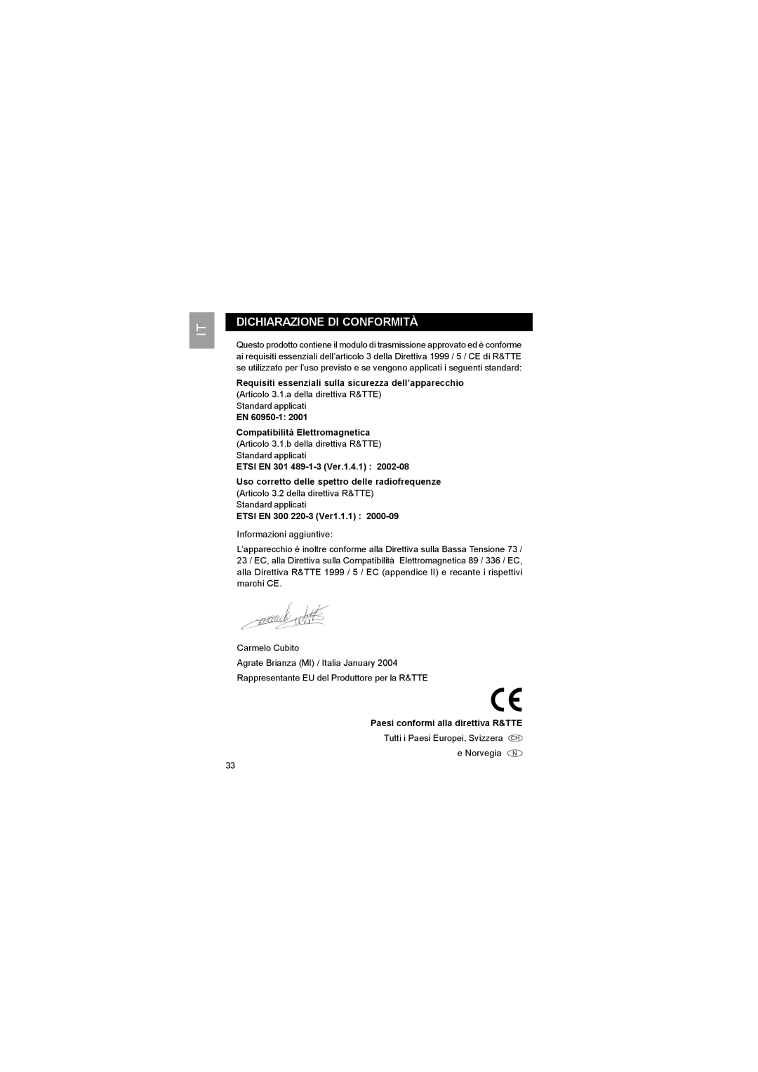 Luce LS328 user manual Dichiarazione DI Conformità, Paesi conformi alla direttiva R&TTE 