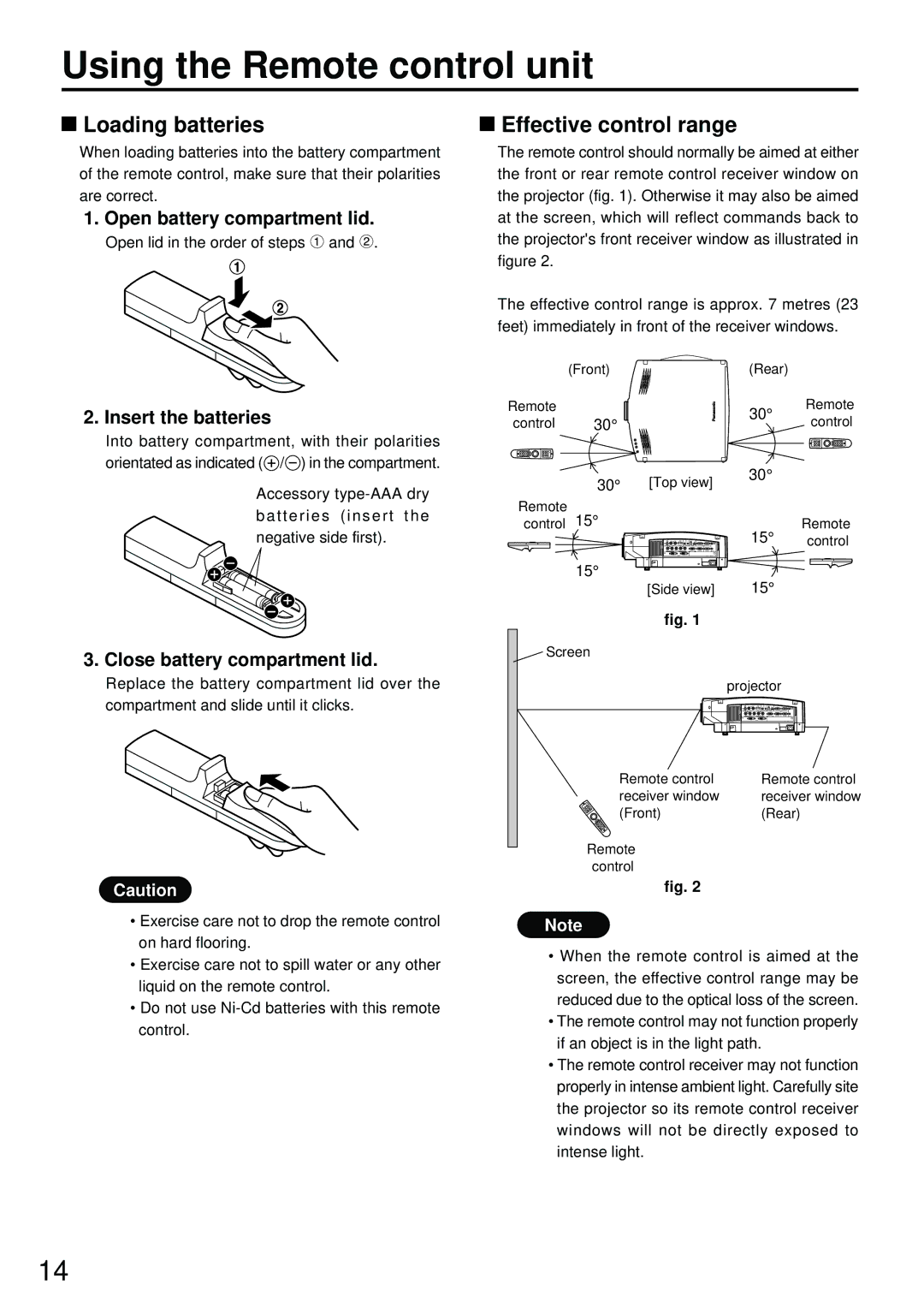 Luce PT-L6600E, PT-L6510E manual Using the Remote control unit, Loading batteries, Effective control range 