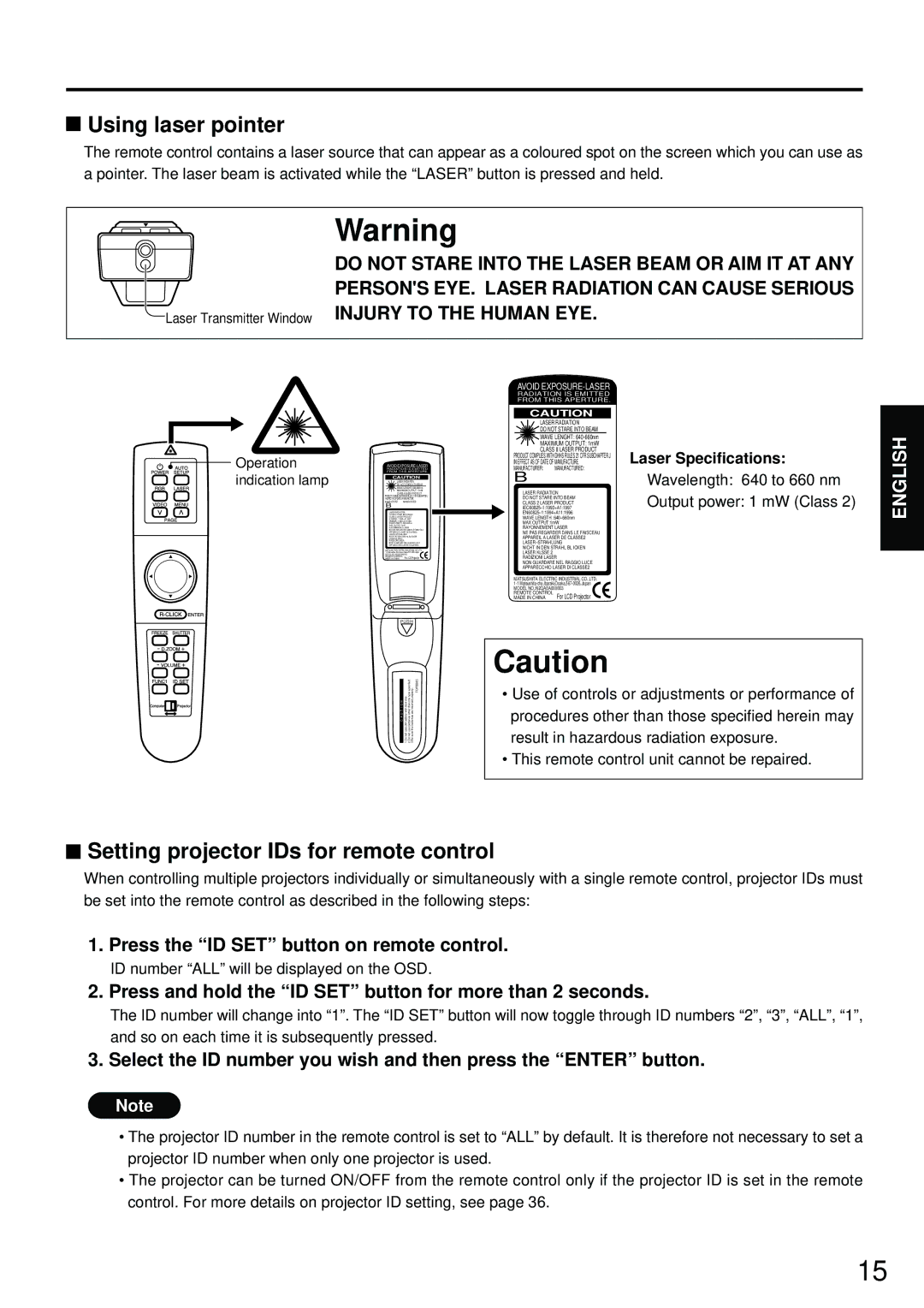 Luce PT-L6510E Using laser pointer, Setting projector IDs for remote control, Press the ID SET button on remote control 