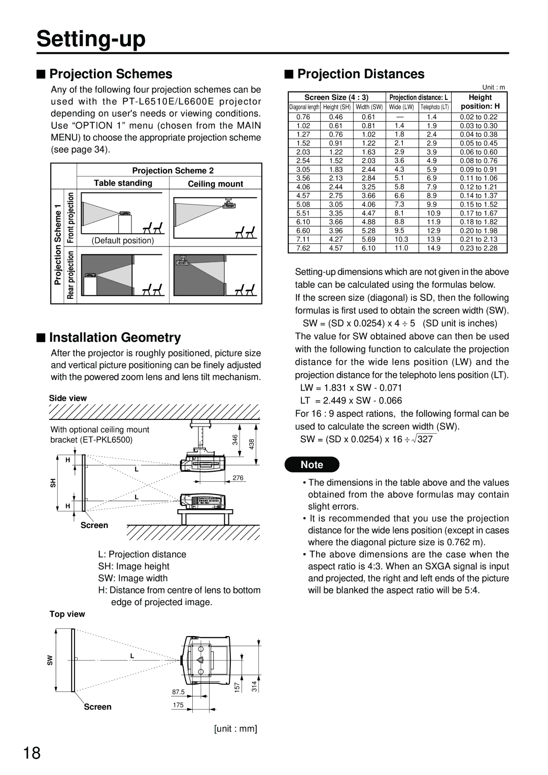 Luce PT-L6600E, PT-L6510E manual Setting-up, Projection Schemes, Installation Geometry, Projection Distances 