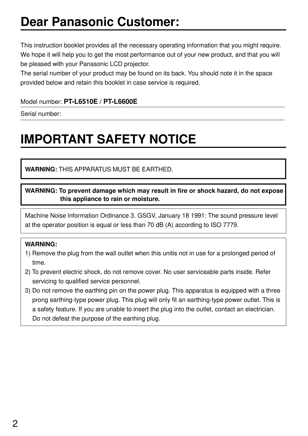 Luce PT-L6600E, PT-L6510E manual Dear Panasonic Customer, Important Safety Notice 