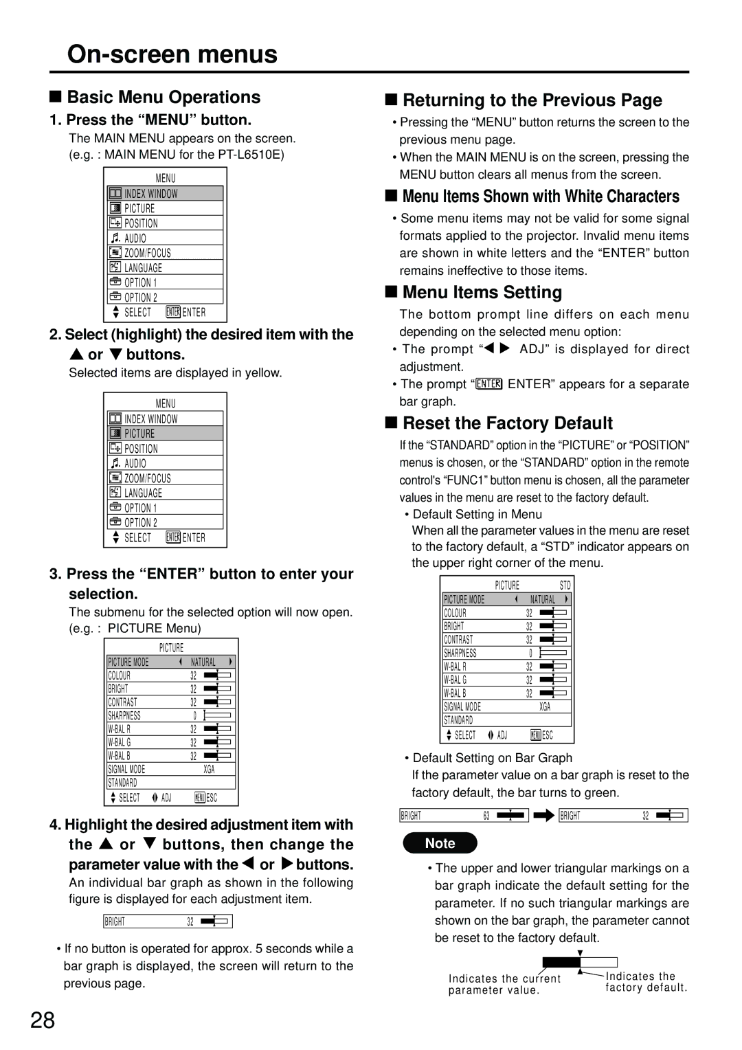 Luce PT-L6600E, PT-L6510E manual On-screen menus, Basic Menu Operations, Returning to the Previous, Menu Items Setting 