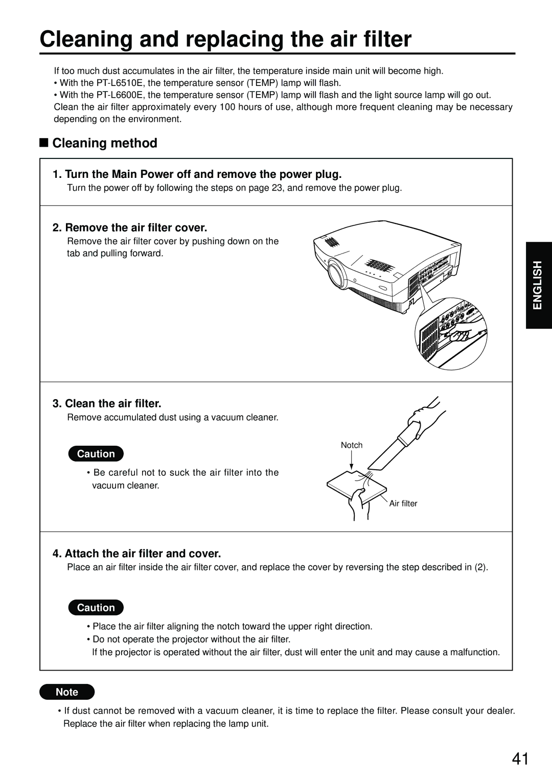 Luce PT-L6510E, PT-L6600E manual Cleaning and replacing the air filter, Cleaning method 