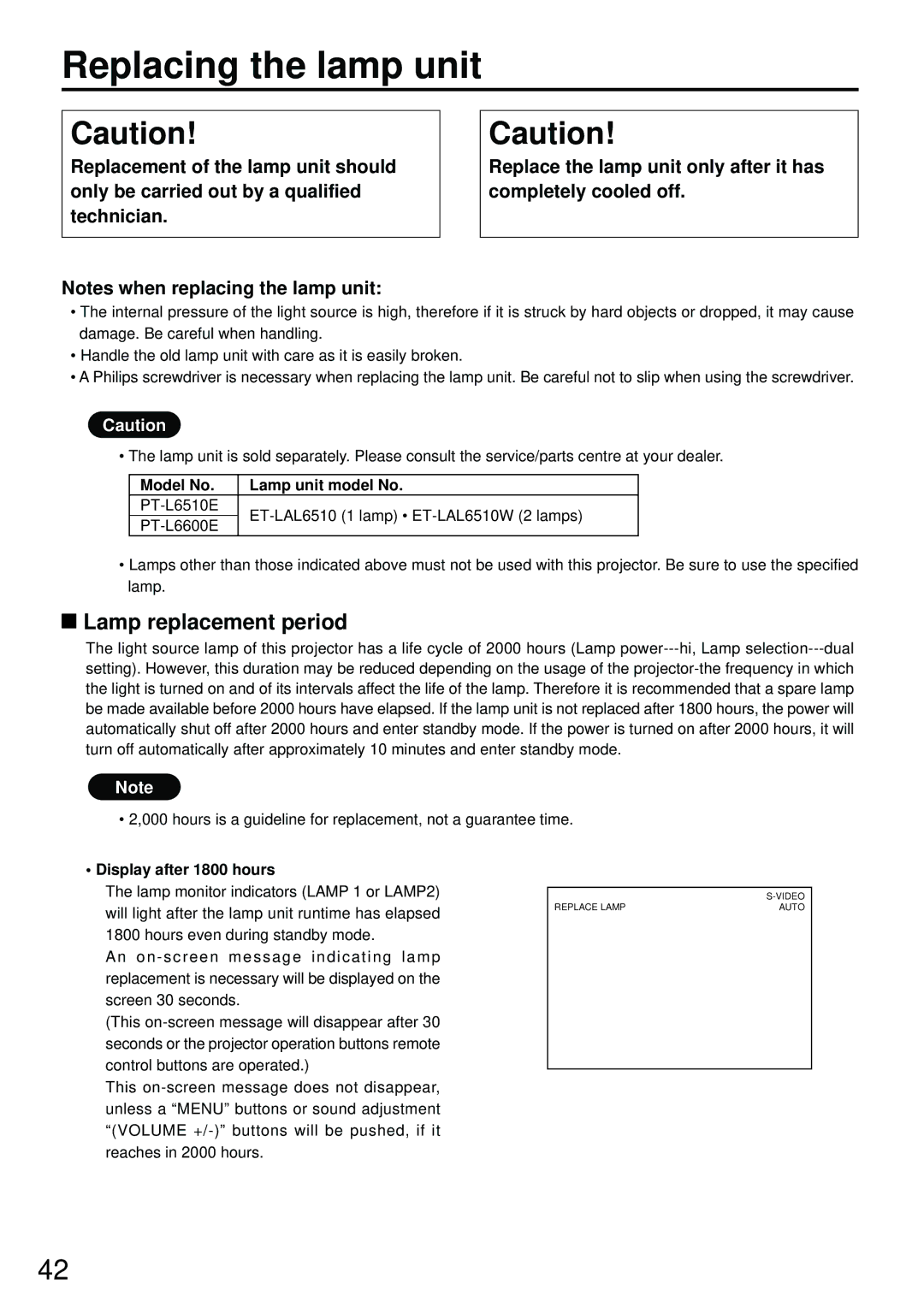 Luce PT-L6600E Replacing the lamp unit, Lamp replacement period, Model No Lamp unit model No, Display after 1800 hours 