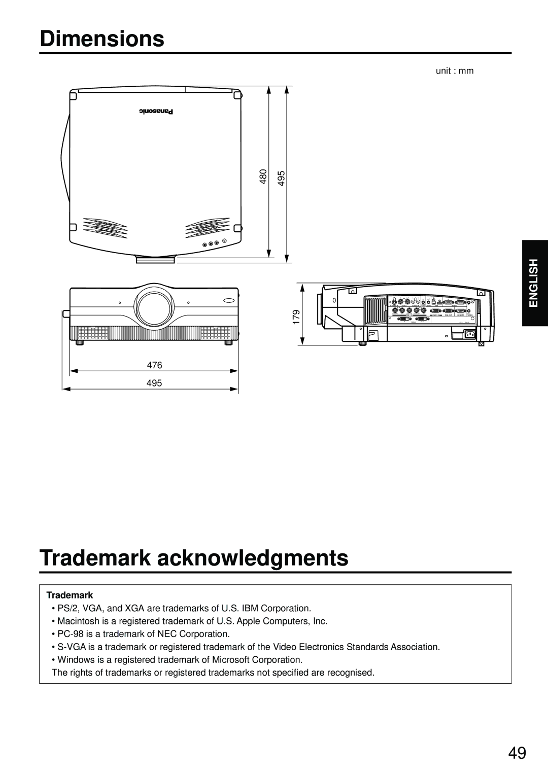 Luce PT-L6510E, PT-L6600E manual Dimensions, Trademark acknowledgments 