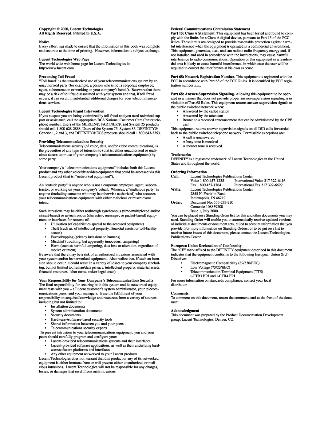 Lucent Technologies 03.0.042.2 manual Copyright  2000, Lucent Technologies 