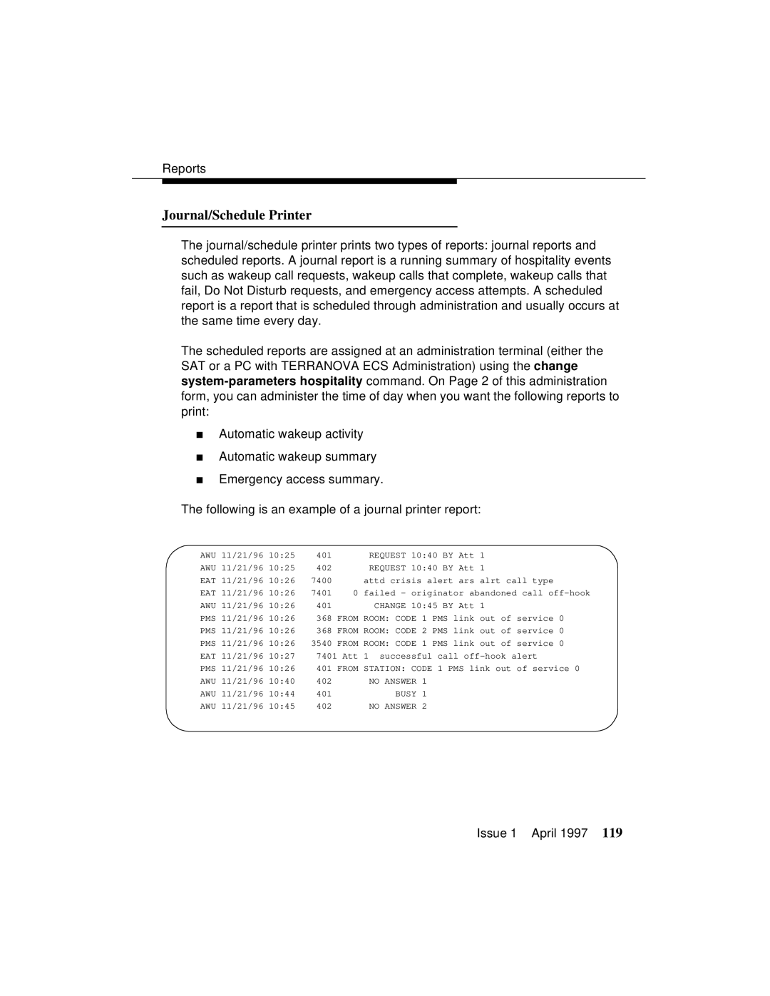 Lucent Technologies 1079984G3 manual Journal/Schedule Printer 