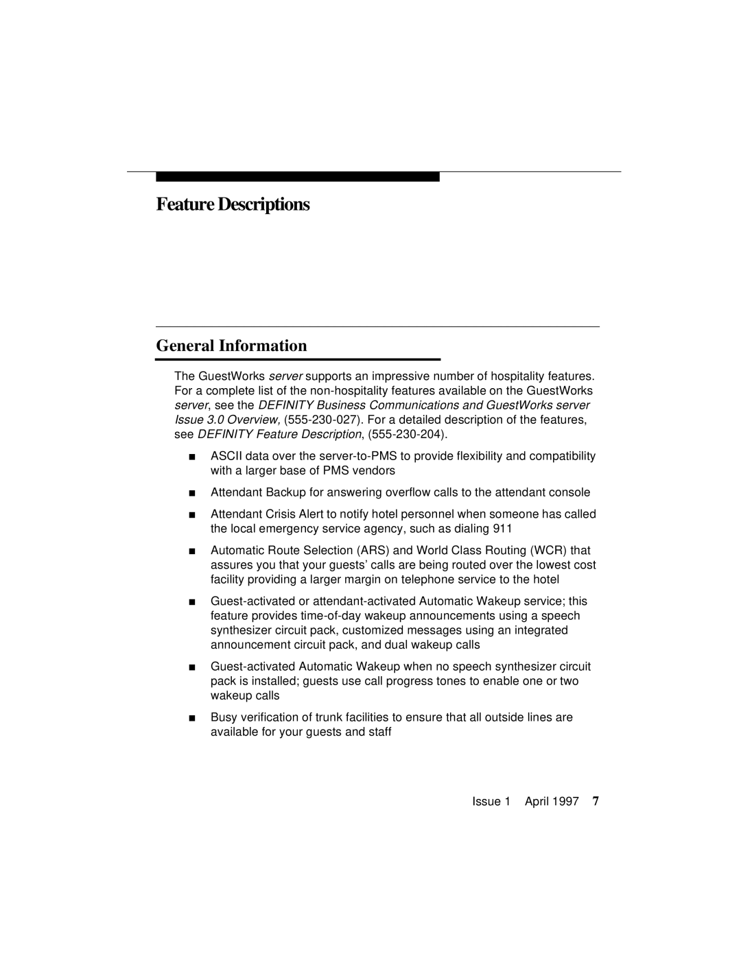 Lucent Technologies 1079984G3 manual Feature Descriptions, General Information 