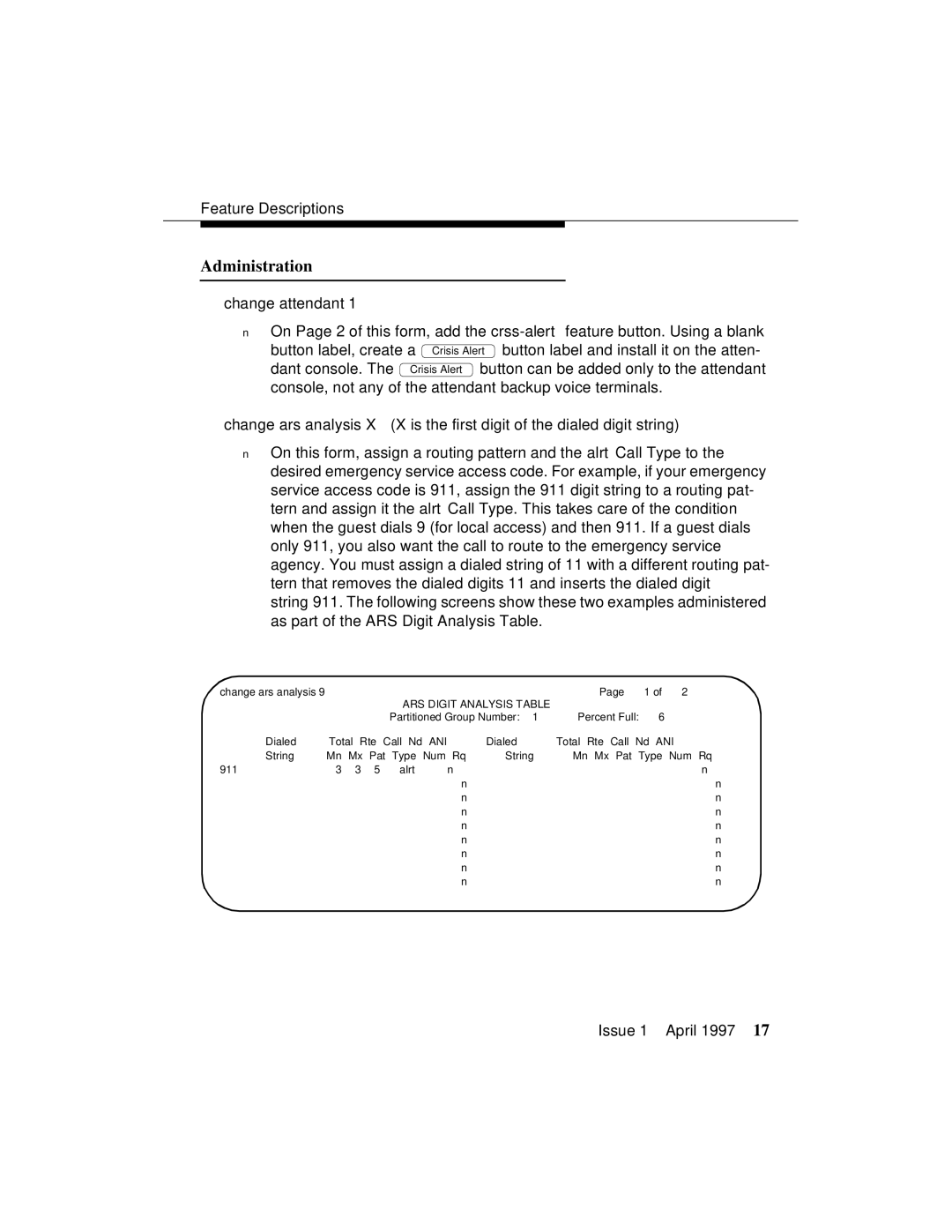 Lucent Technologies 1079984G3 manual Change attendant, ARS Digit Analysis Table 