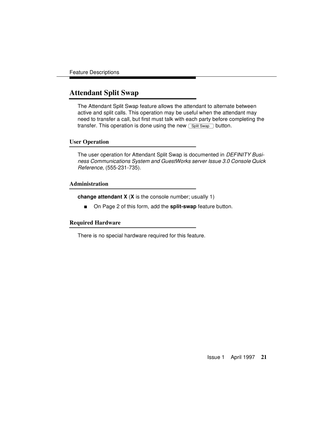 Lucent Technologies 1079984G3 manual Attendant Split Swap, User Operation 