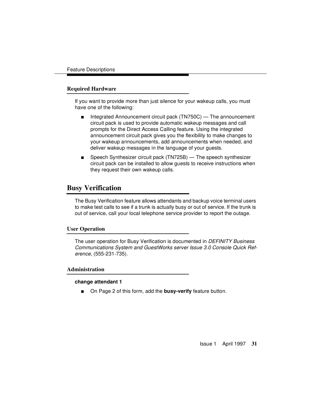 Lucent Technologies 1079984G3 manual Busy Verification, Required Hardware 