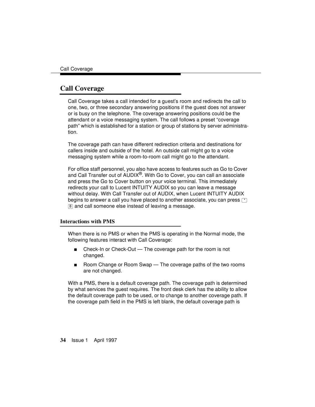 Lucent Technologies 1079984G3 manual Call Coverage, Interactions with PMS 