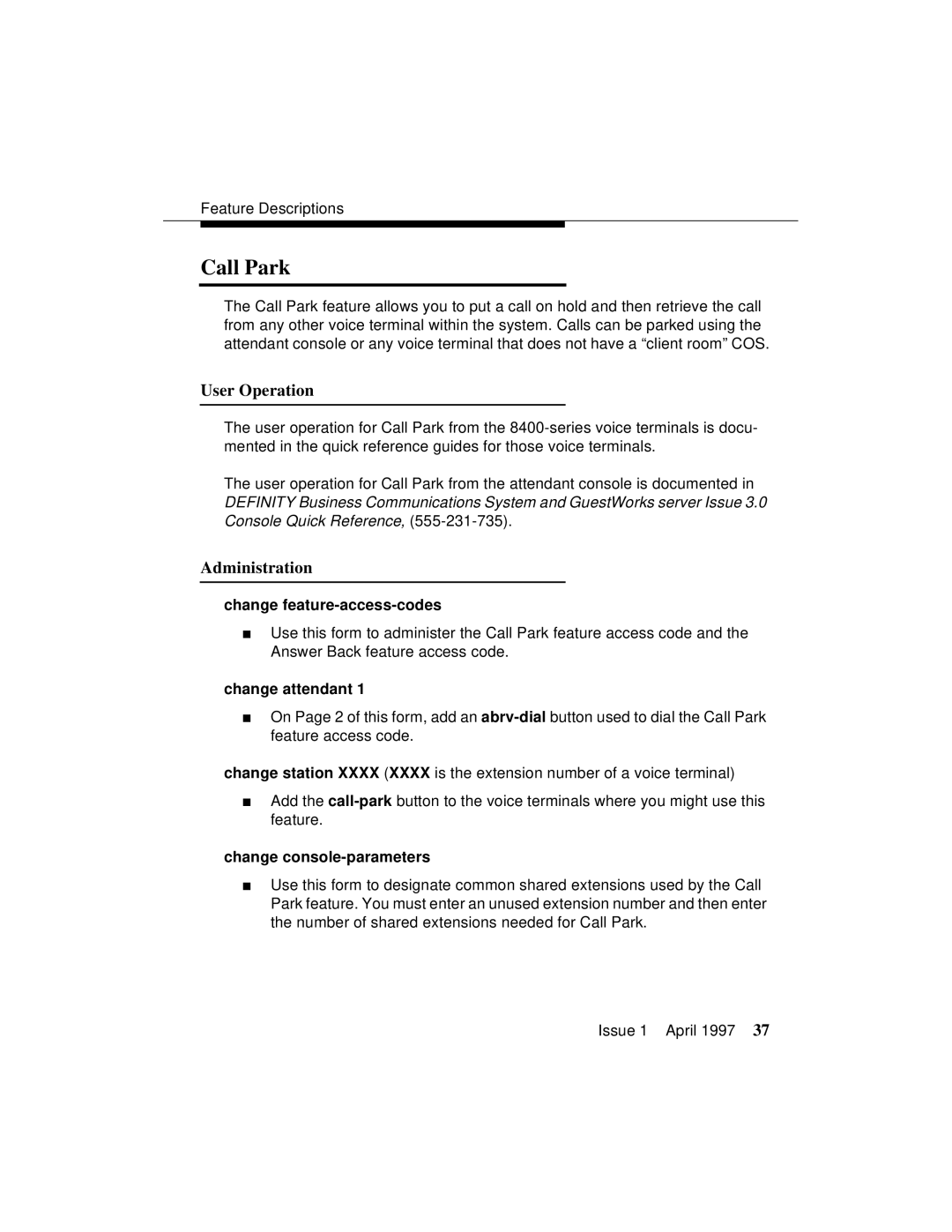 Lucent Technologies 1079984G3 manual Call Park, Change feature-access-codes 