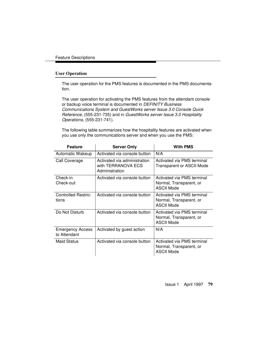 Lucent Technologies 1079984G3 manual User Operation, Feature Server Only With PMS 