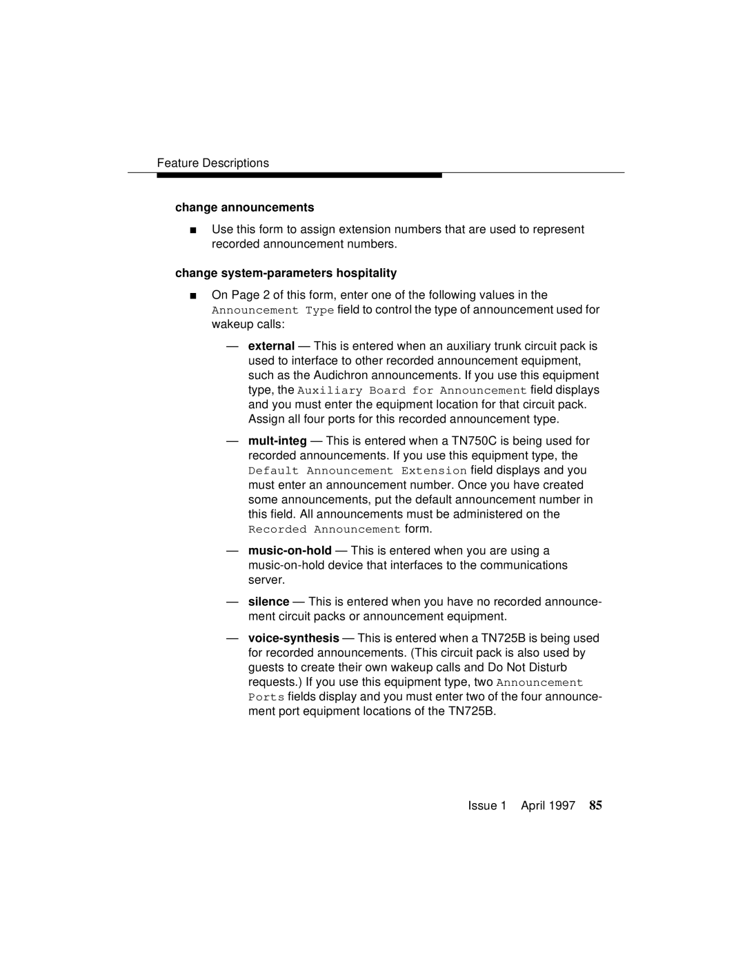 Lucent Technologies 1079984G3 manual Change announcements, Change system-parameters hospitality 