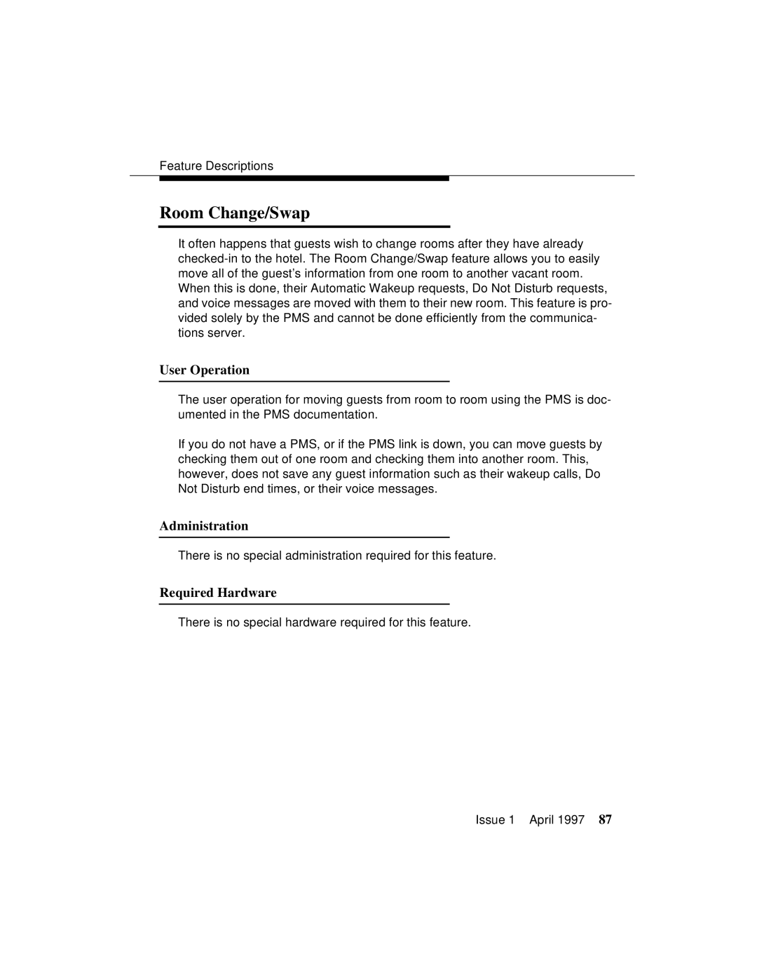 Lucent Technologies 1079984G3 manual Room Change/Swap, User Operation 