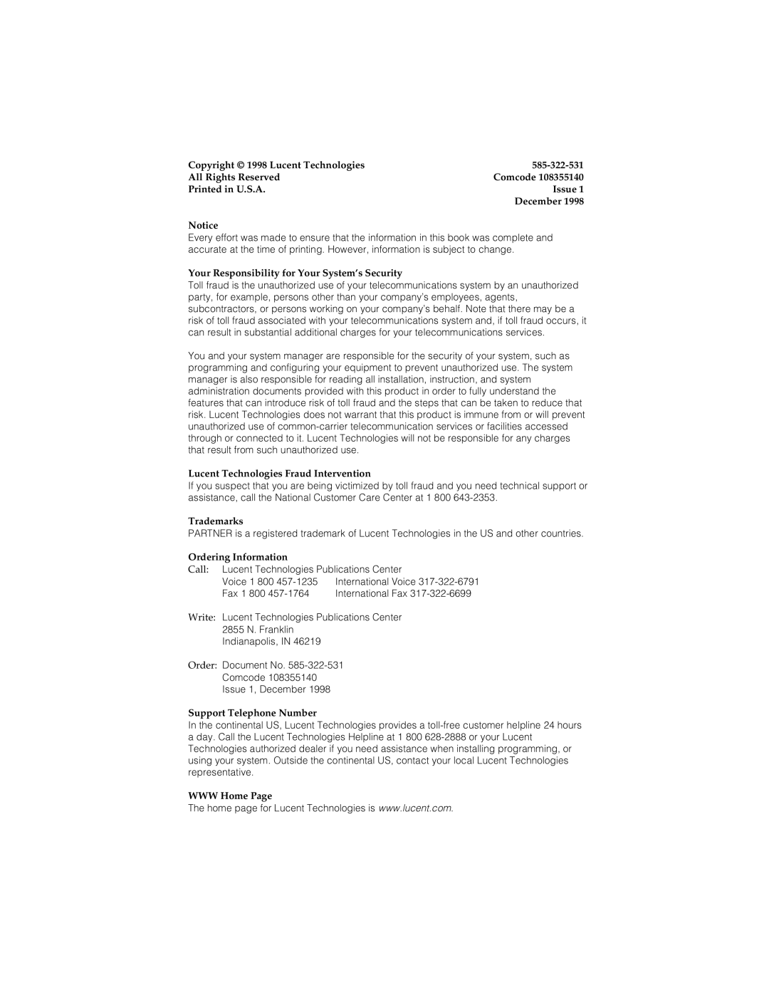 Lucent Technologies 108355140 manual Trademarks 