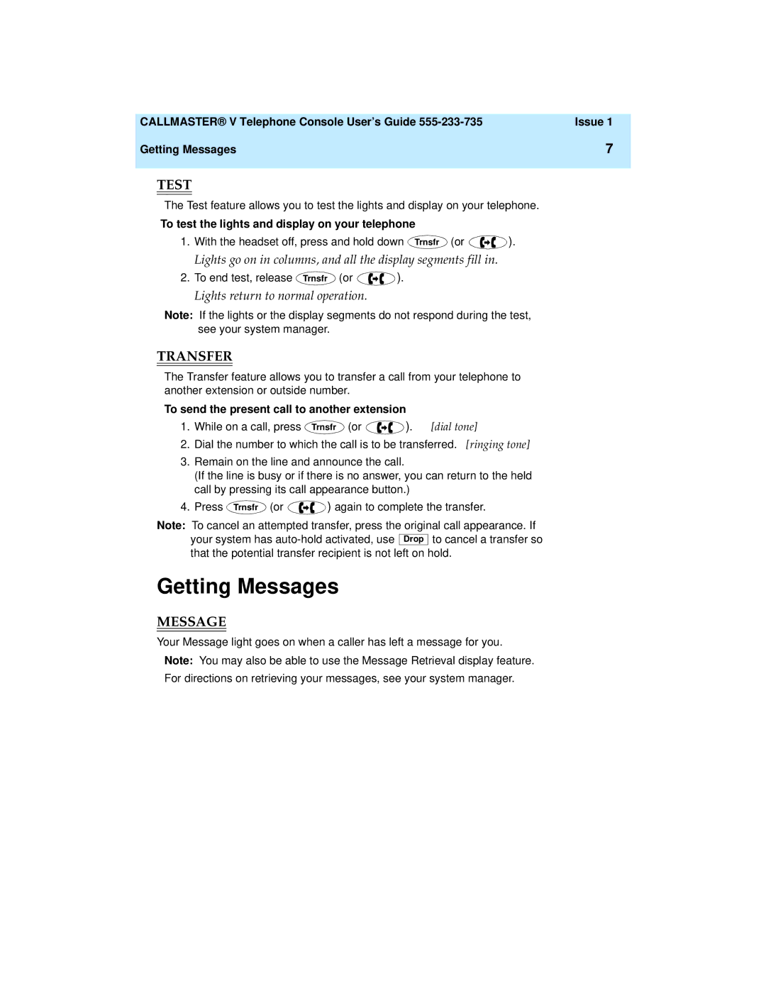 Lucent Technologies 108488222 manual Getting Messages, Test, Transfer 