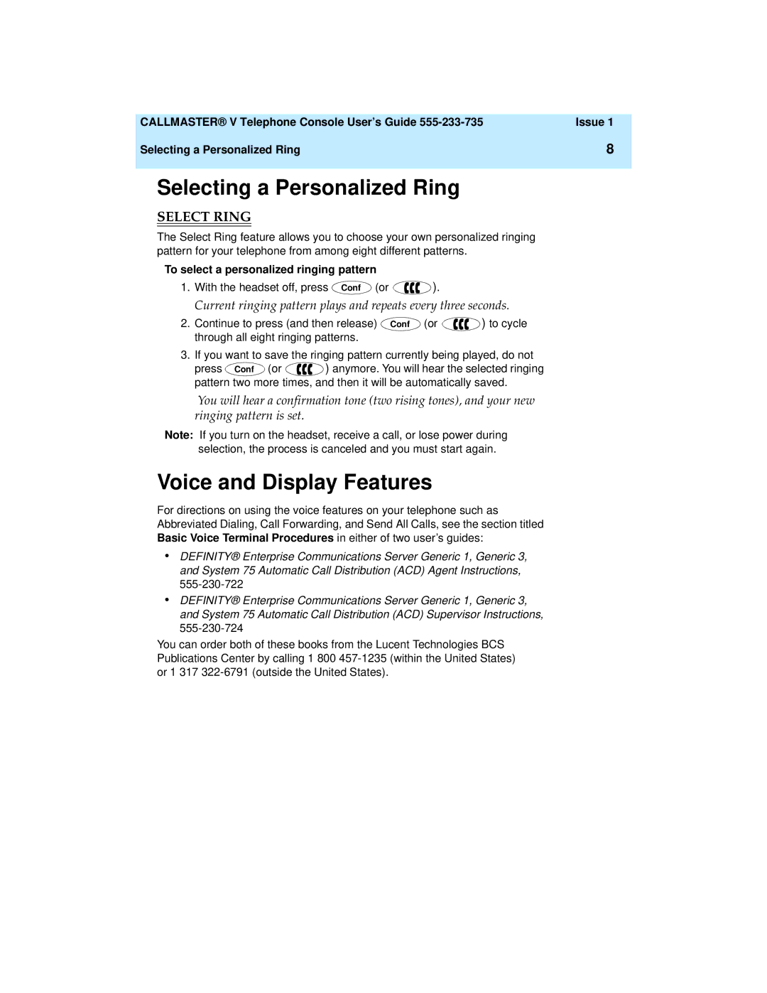 Lucent Technologies 108488222 manual Selecting a Personalized Ring, Voice and Display Features, Select Ring 