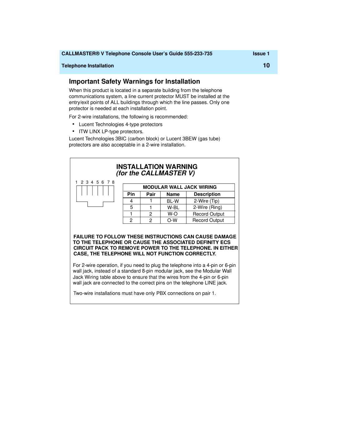 Lucent Technologies 108488222 manual Important Safety Warnings for Installation, Pin Pair Name Description 