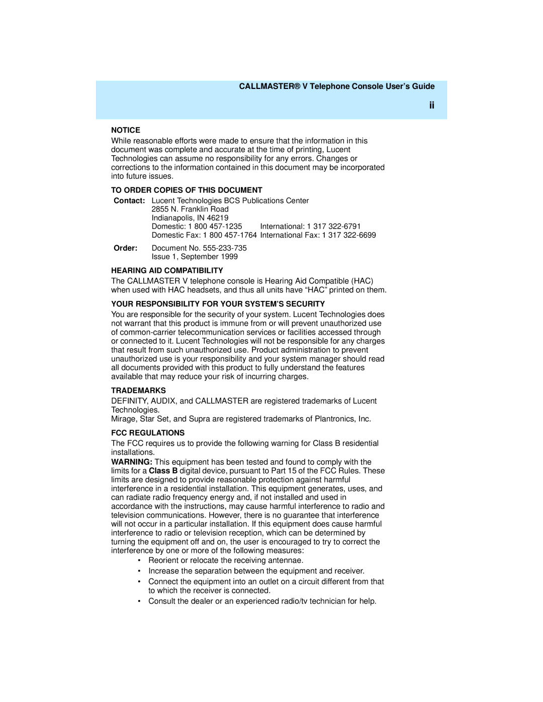 Lucent Technologies 108488222 manual Callmaster V Telephone Console User’s Guide, To Order Copies of this Document 