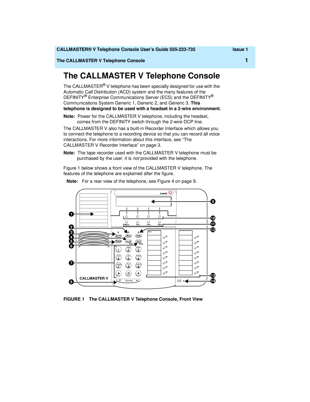 Lucent Technologies 108488222 manual Callmaster V Telephone Console User’s Guide Issue 