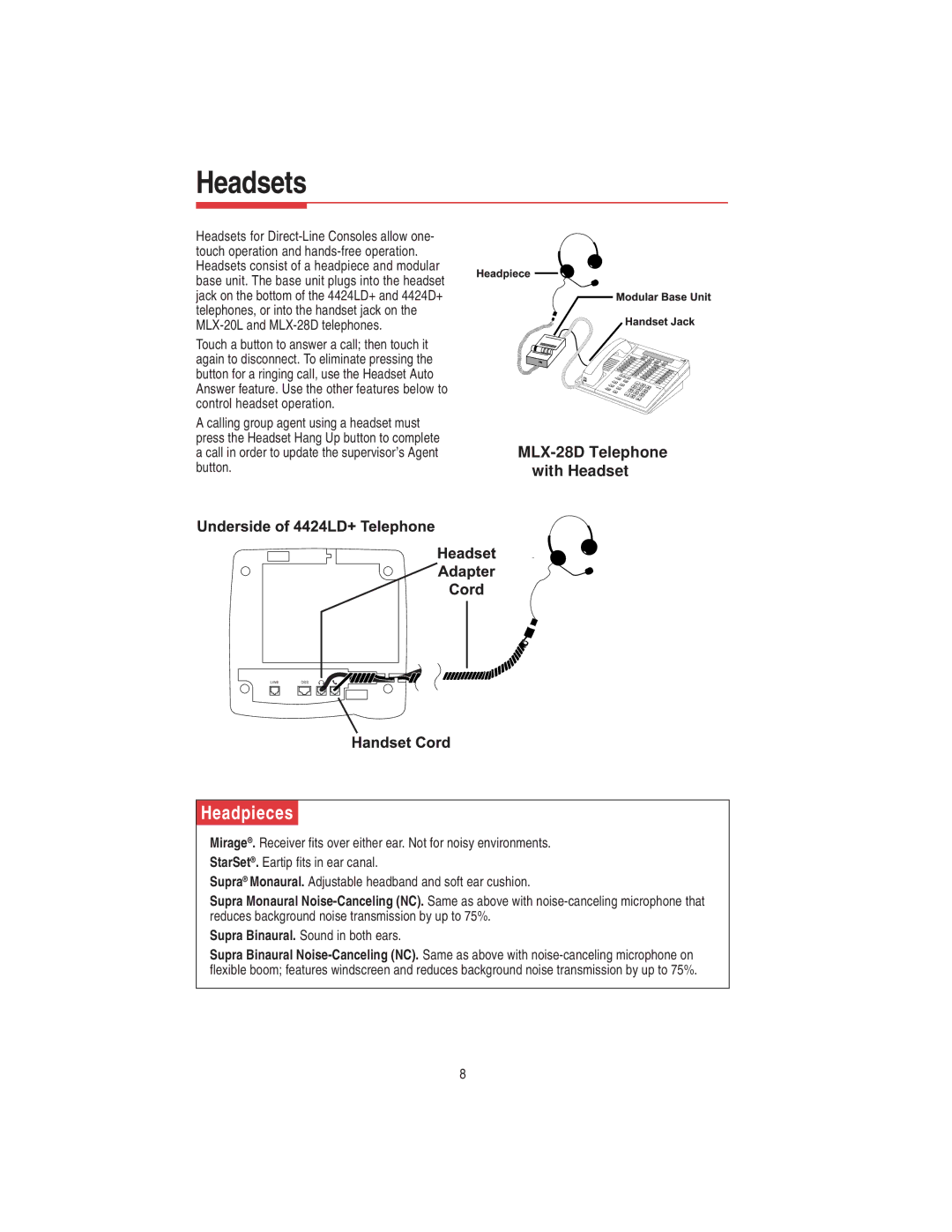 Lucent Technologies 108522426 manual Headsets, Headpieces, Supra Binaural. Sound in both ears 